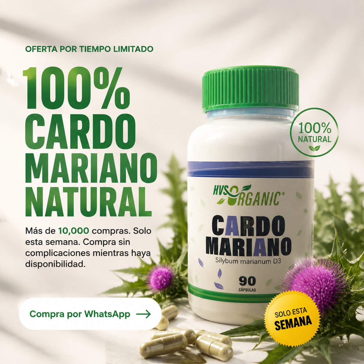 100% Cardo Mariano natural, frasco HVS Organic con flores de cardo