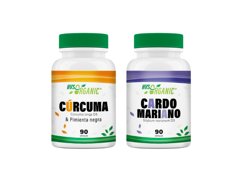 Frascos de Cúrcuma con pimienta negra y Cardo Mariano HVS Organic de 90 cápsulas